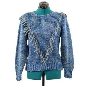 Vintage 80s Ginenne Sweater Knit Long Sleeve Blue Fringe Acrylic Womens Large